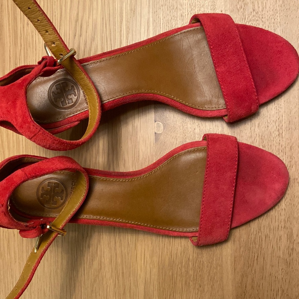 Tory Burch Red Suede Ankle-Strap Cork Wedge Sandal - Picture 4 of 8